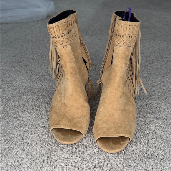 Rebecca Minloff Women’s Tan Suede Fringe Peep-Toe Block Heel Booties - Picture 2 of 4